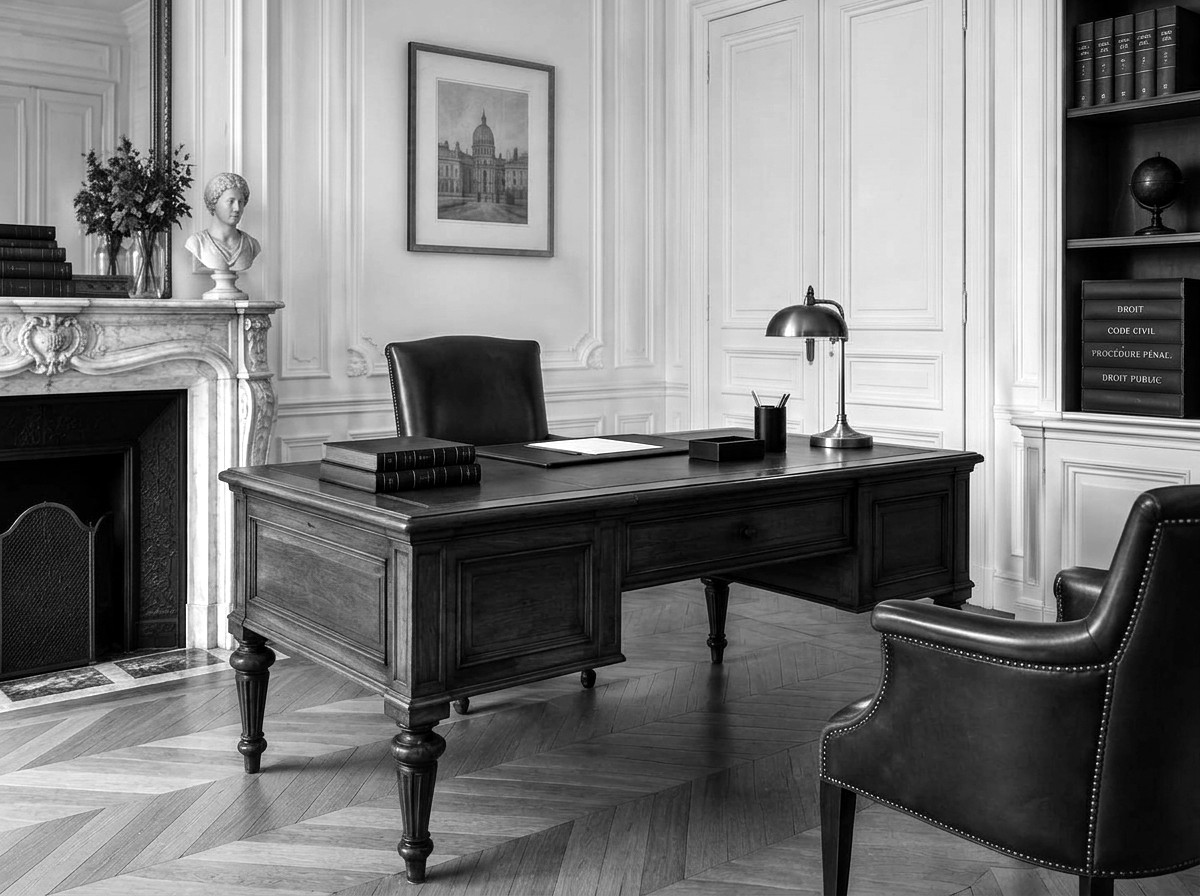 Bureau d'avocat : ouvrages juridiques reliés, stylo plume et fenêtre parisienne