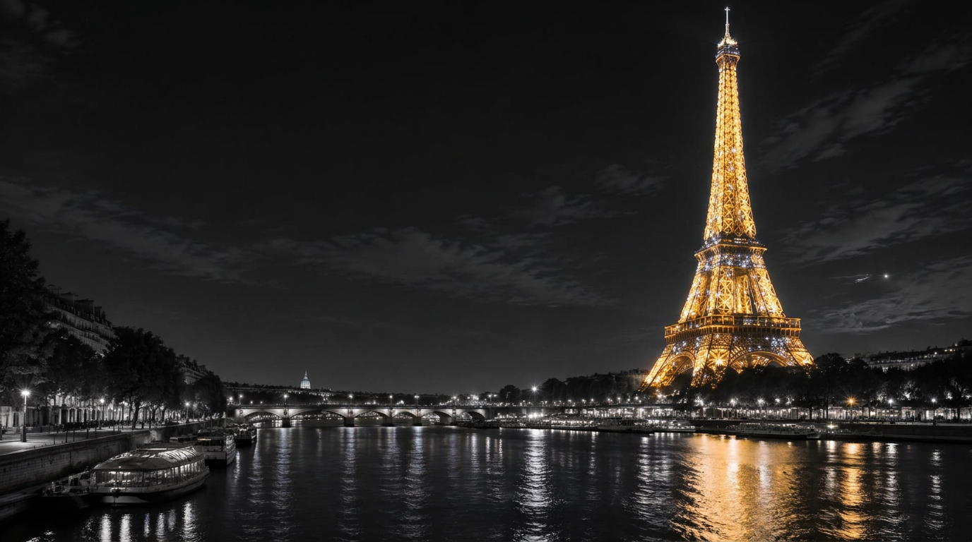 Paris de nuit, la tour Eiffel scintillante au-dessus de la Seine